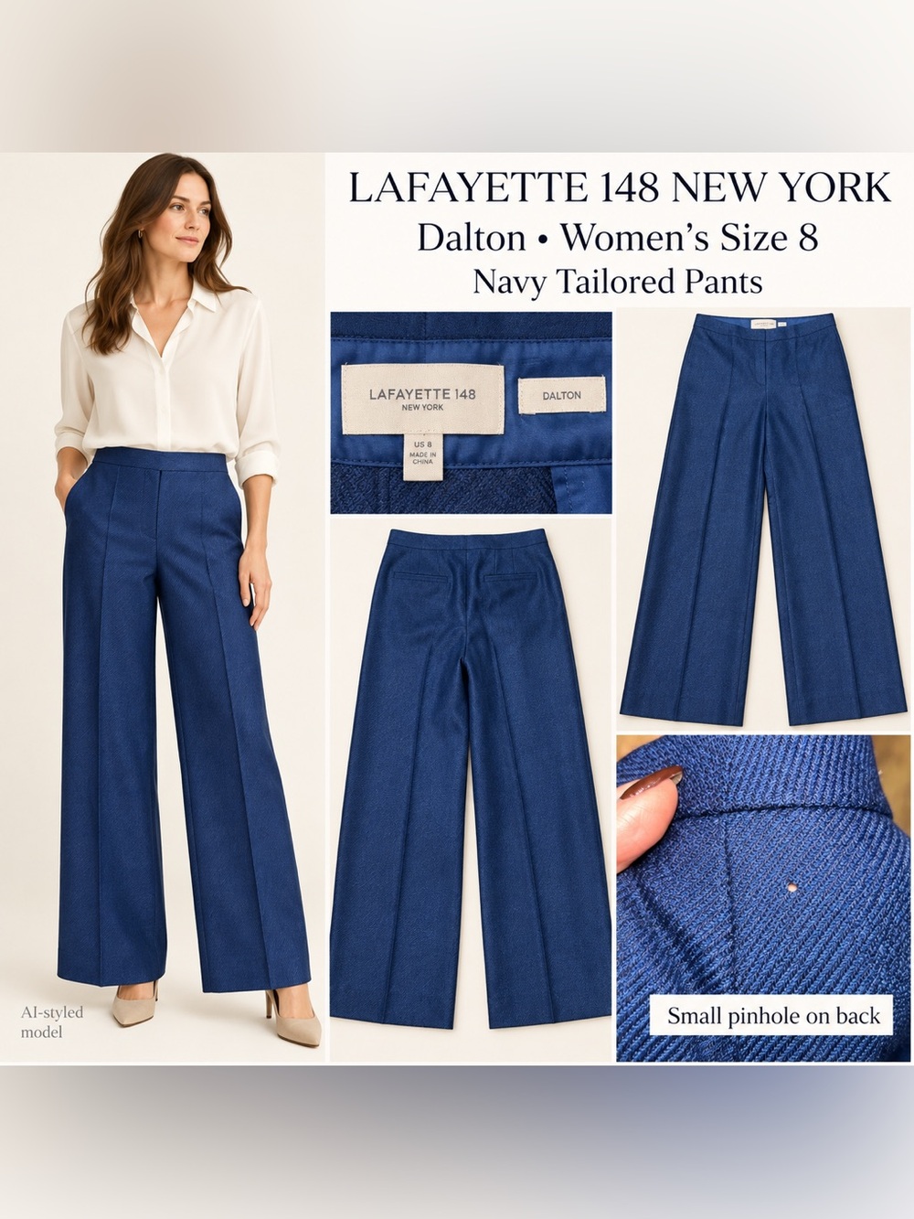 Lafayette 148 New York Dalton Tailored Wide-Leg Pants in Navy Blue Size 8